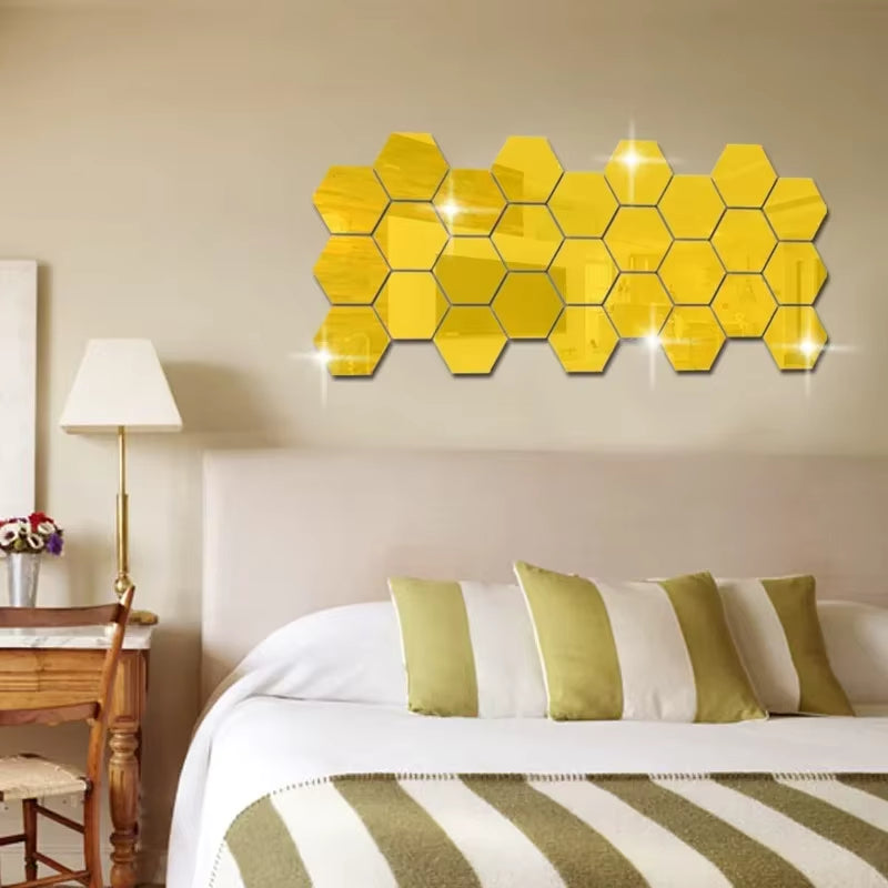 12Pcs Hexagonal Acrylic Mirror Wall Sticker Self Adhesive Mosaic Tile Decals Removable Wall Sticker DIY Home Decoration