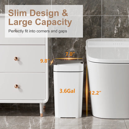 2 Pcs Smart Automatic Touchless Trash Can with Lid,3.6 Gallon Slim Garbage Bin Waste Basket for Kitchen,Living Room,Bedroom, Bathroom, Office,White,Gc01