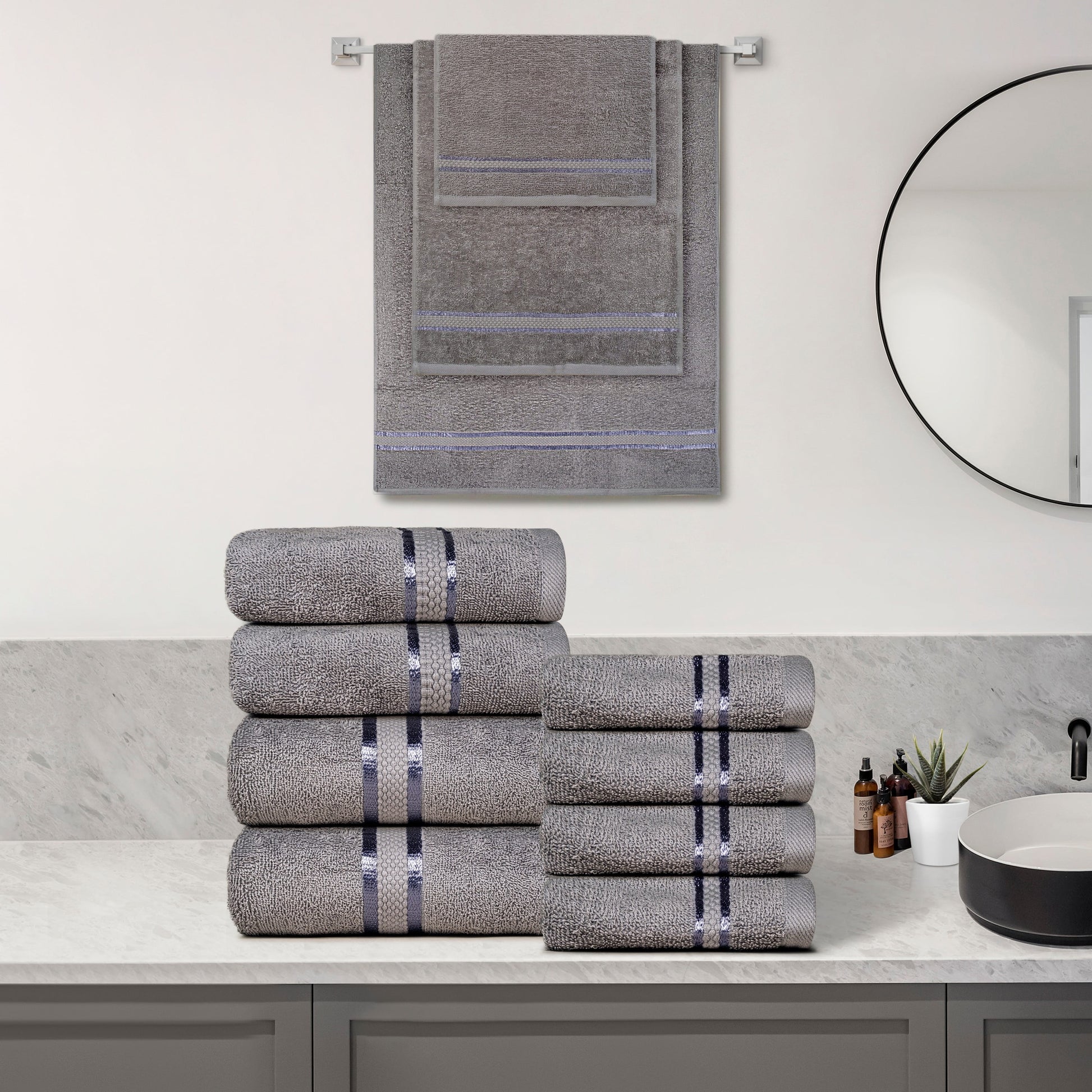 Luxurious 8-Piece Towel Set for Complete Bathroom Experience - Ultra-Soft & Absorbent 100% Cotton - Includes 2 Bath Towels, 2 Hand Towels, 4 Washcloths - Daily Use - Dark Grey