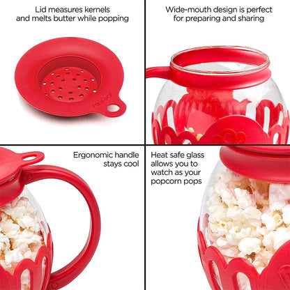 2.25QT Microwave Glass Popcorn Popper with Silicone Lid Microwave Popcorn Popper with Temperature Safe Glass JT186