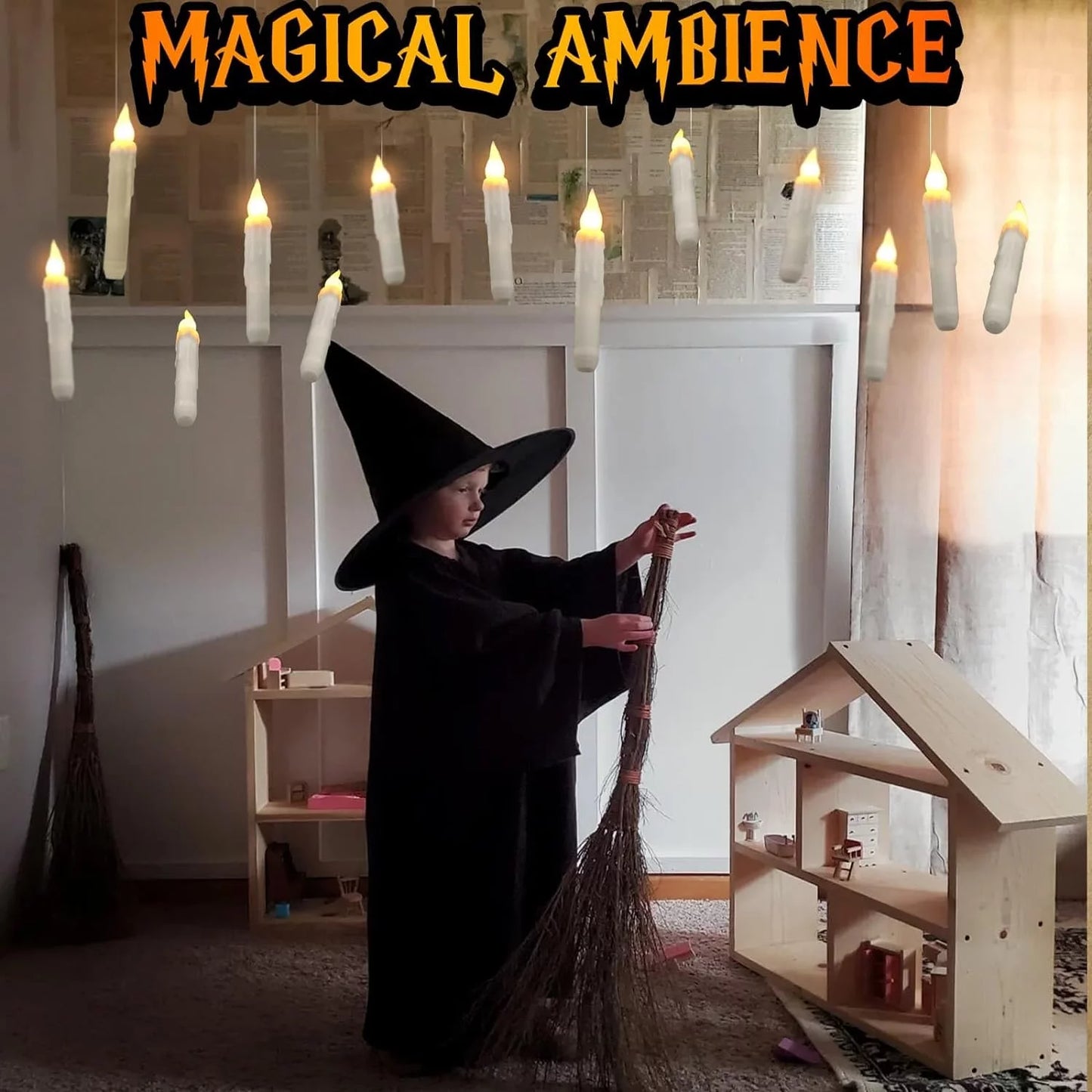 Chrismas Decorations, Floating Candles with Wand, 12 Pcs Magic Hanging Candles, Flickering Warm Light Flameless Floating LED Candle with Wand Remote