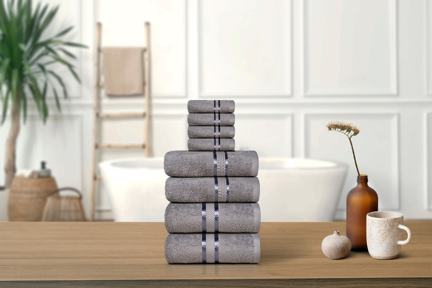 Luxurious 8-Piece Towel Set for Complete Bathroom Experience - Ultra-Soft & Absorbent 100% Cotton - Includes 2 Bath Towels, 2 Hand Towels, 4 Washcloths - Daily Use - Dark Grey